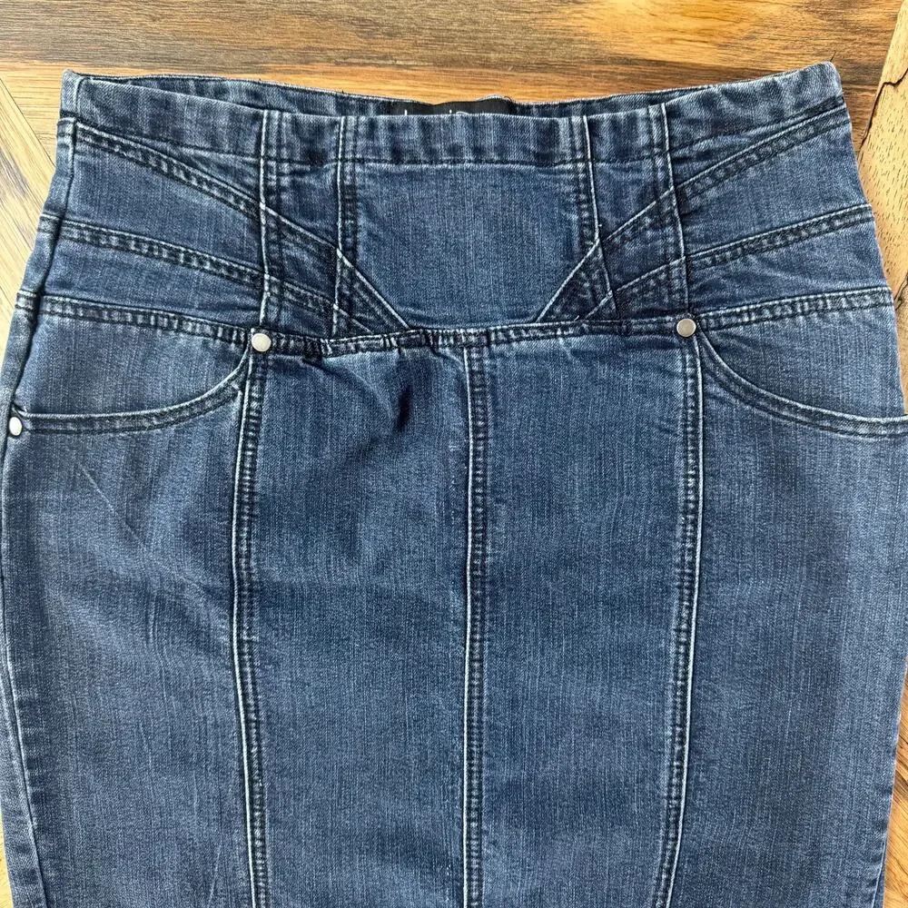 Kensie Dark Wash Paneled Denim Pencil Skirt Stretch Midi 90's Style Retro Large